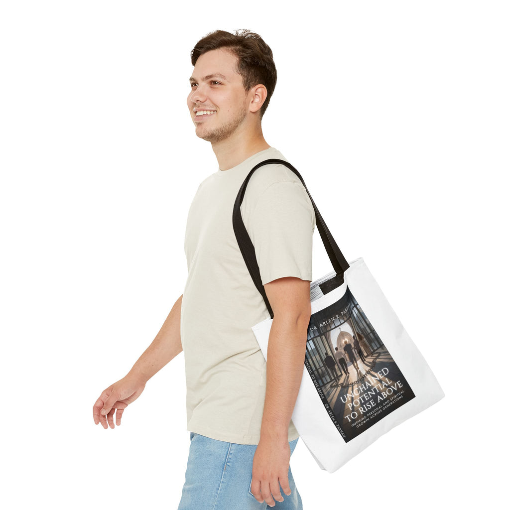 Inspirational Book Cover Tote Bag — "Unchained Potential to Rise Above" Design