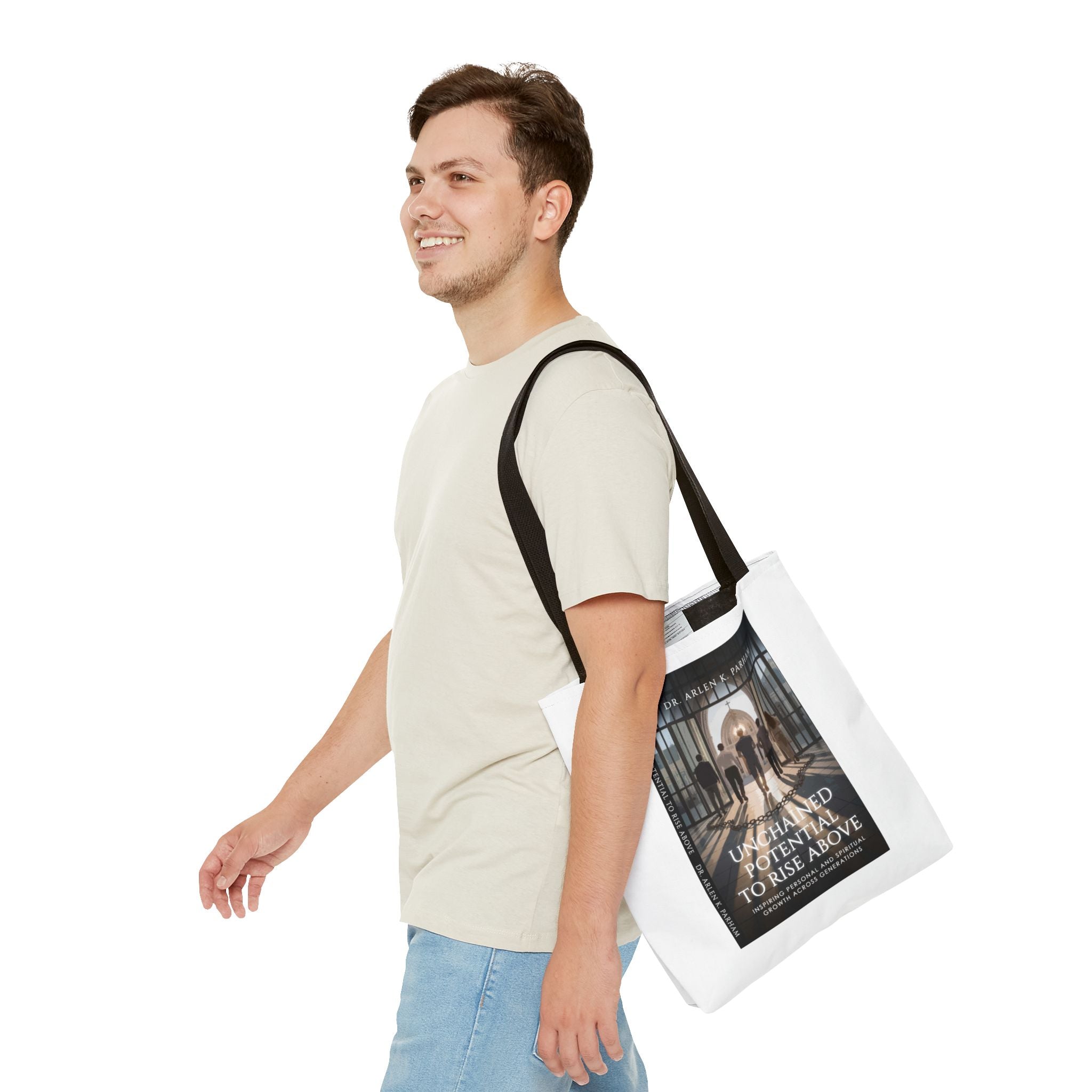 Inspirational Book Cover Tote Bag — "Unchained Potential to Rise Above" Design