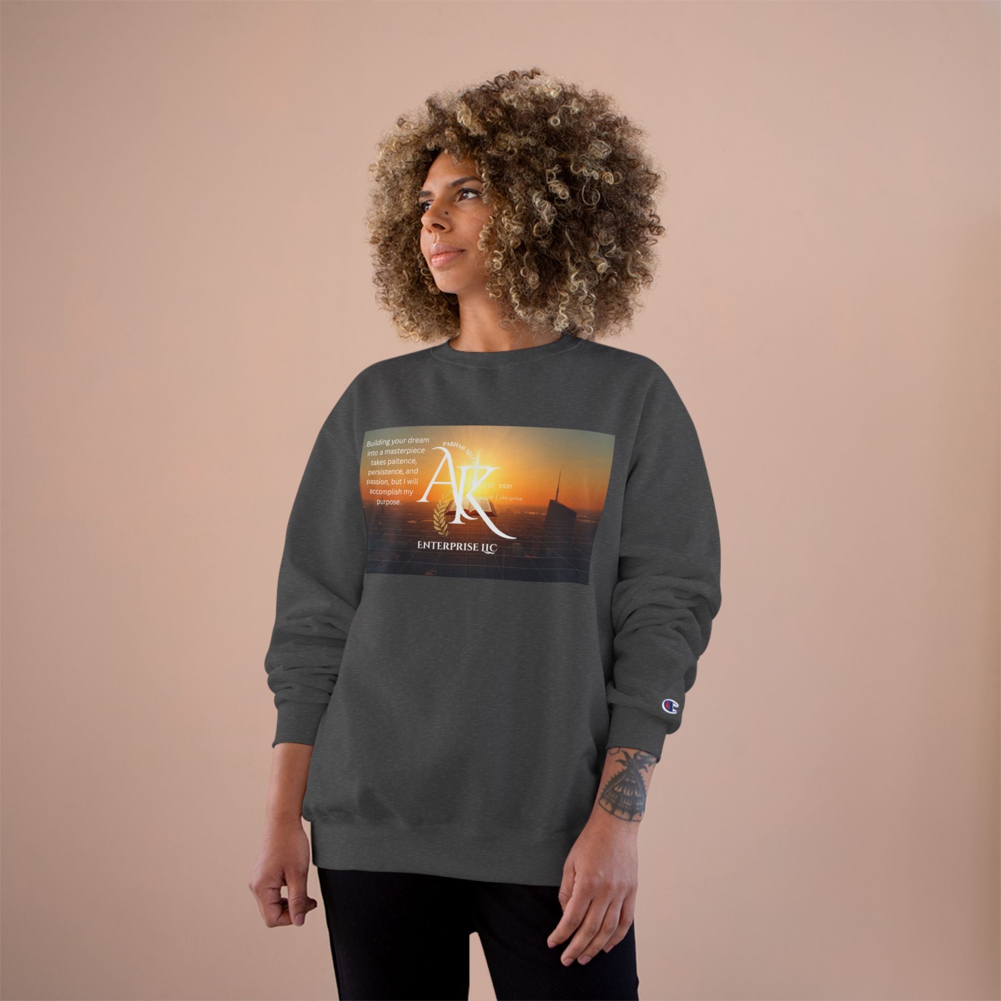 Champion Sweatshirt — 'AR' Sunrise Logo Crewneck (Motivational Cityscape)