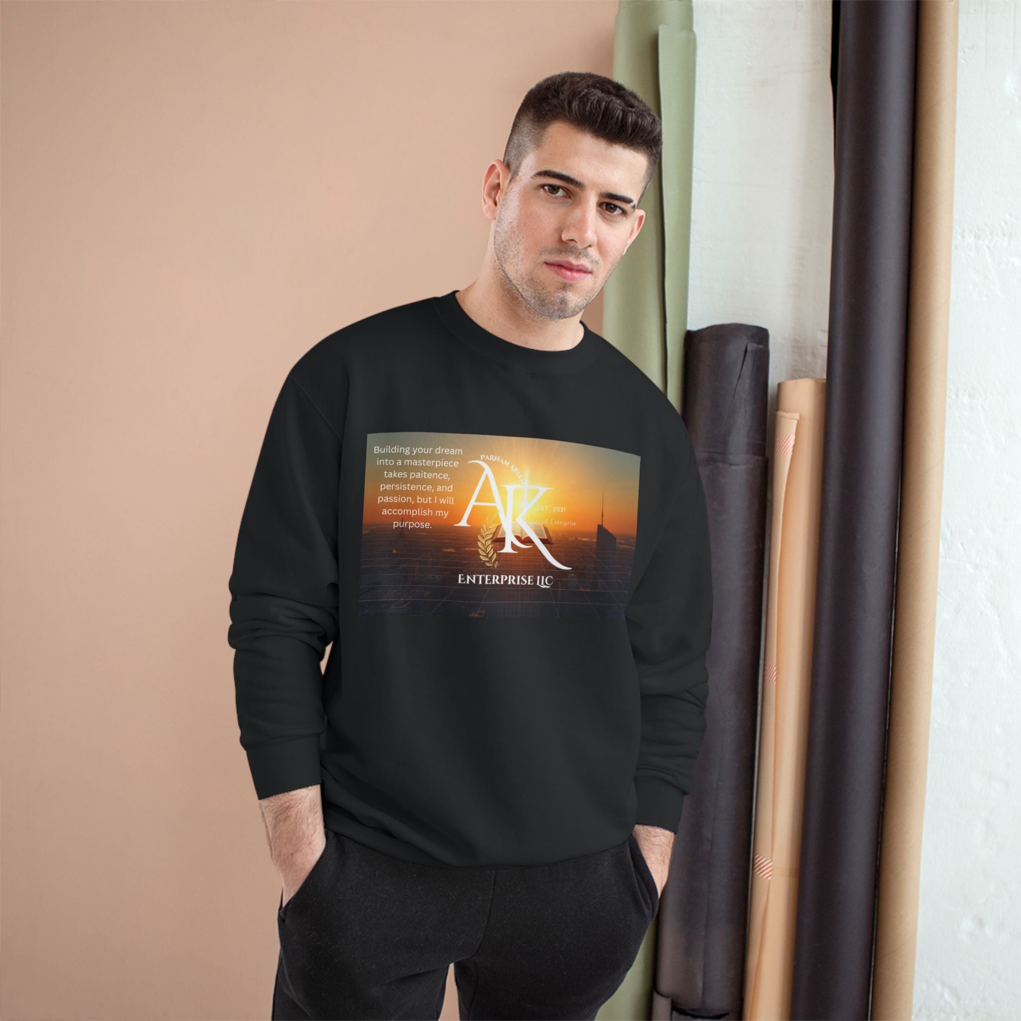 Champion Sweatshirt — 'AR' Sunrise Logo Crewneck (Motivational Cityscape)