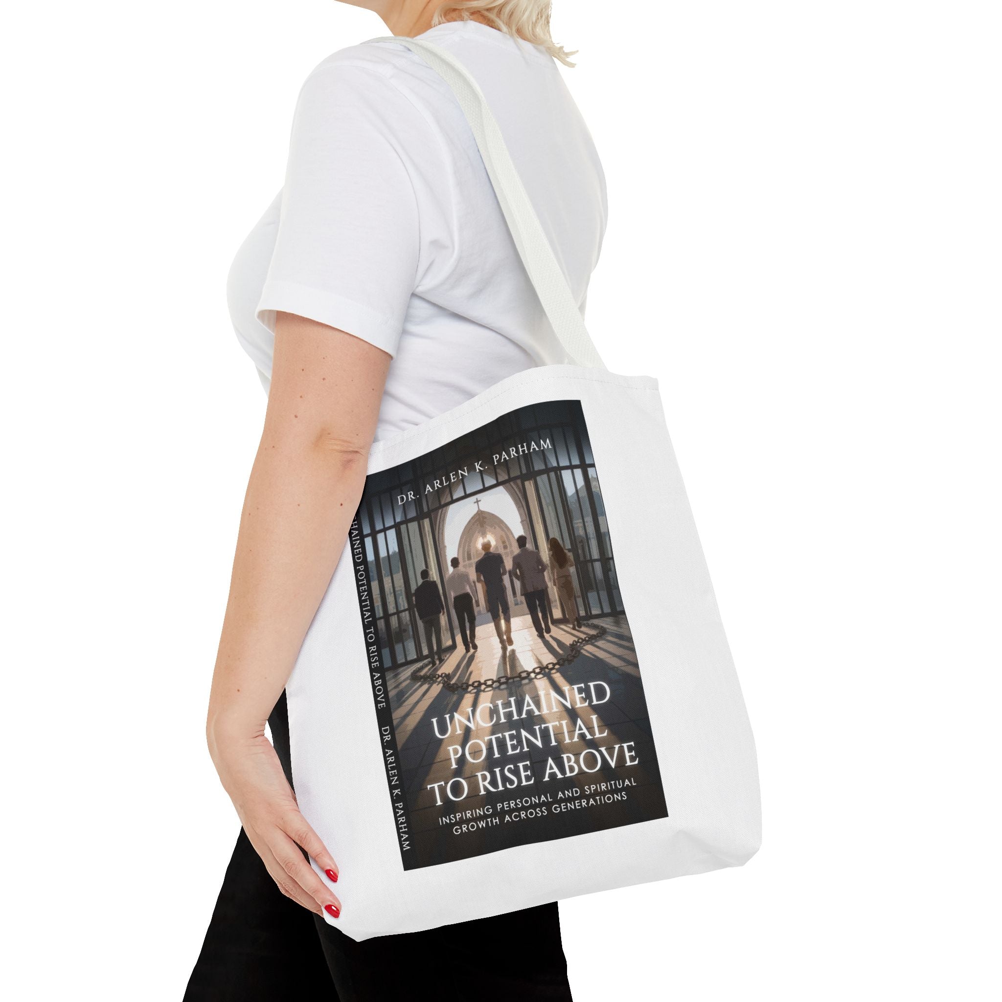 Inspirational Book Cover Tote Bag — "Unchained Potential to Rise Above" Design