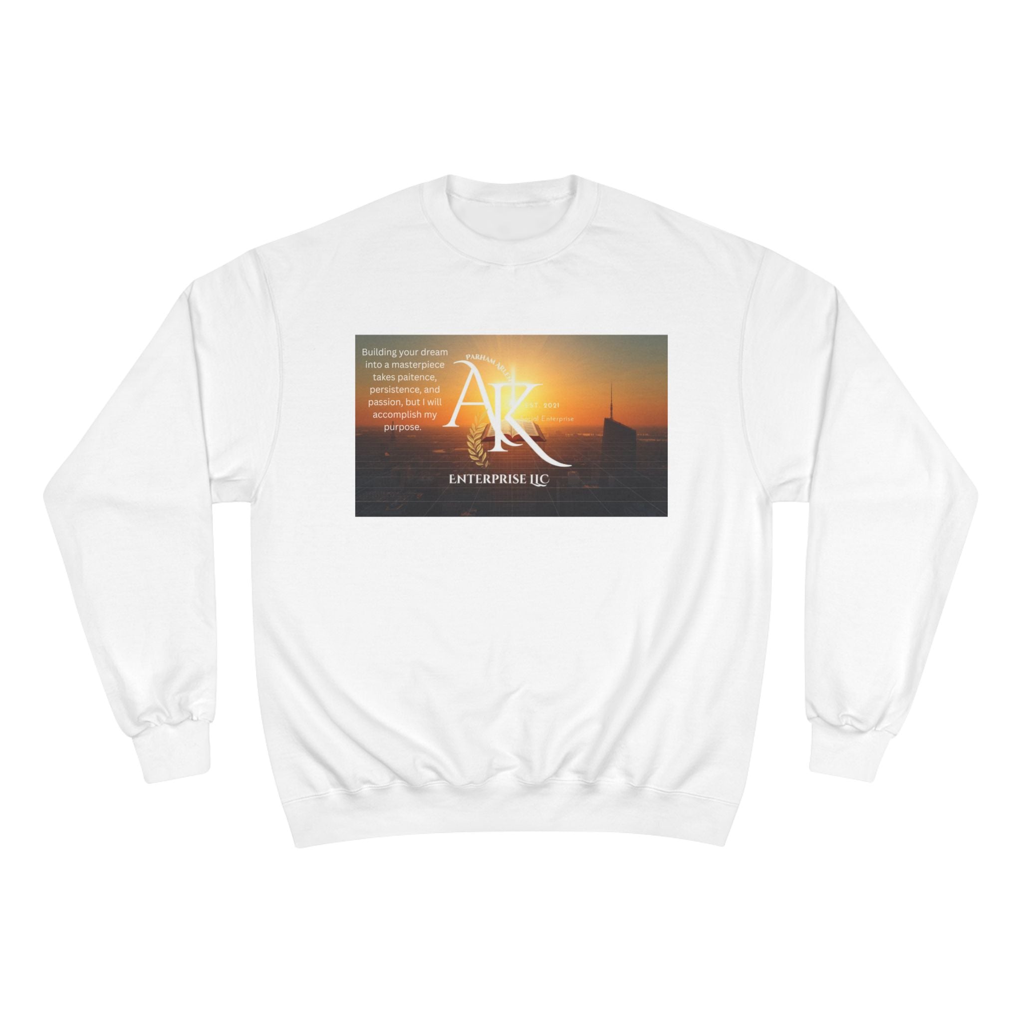 Champion Sweatshirt — 'AR' Sunrise Logo Crewneck (Motivational Cityscape)