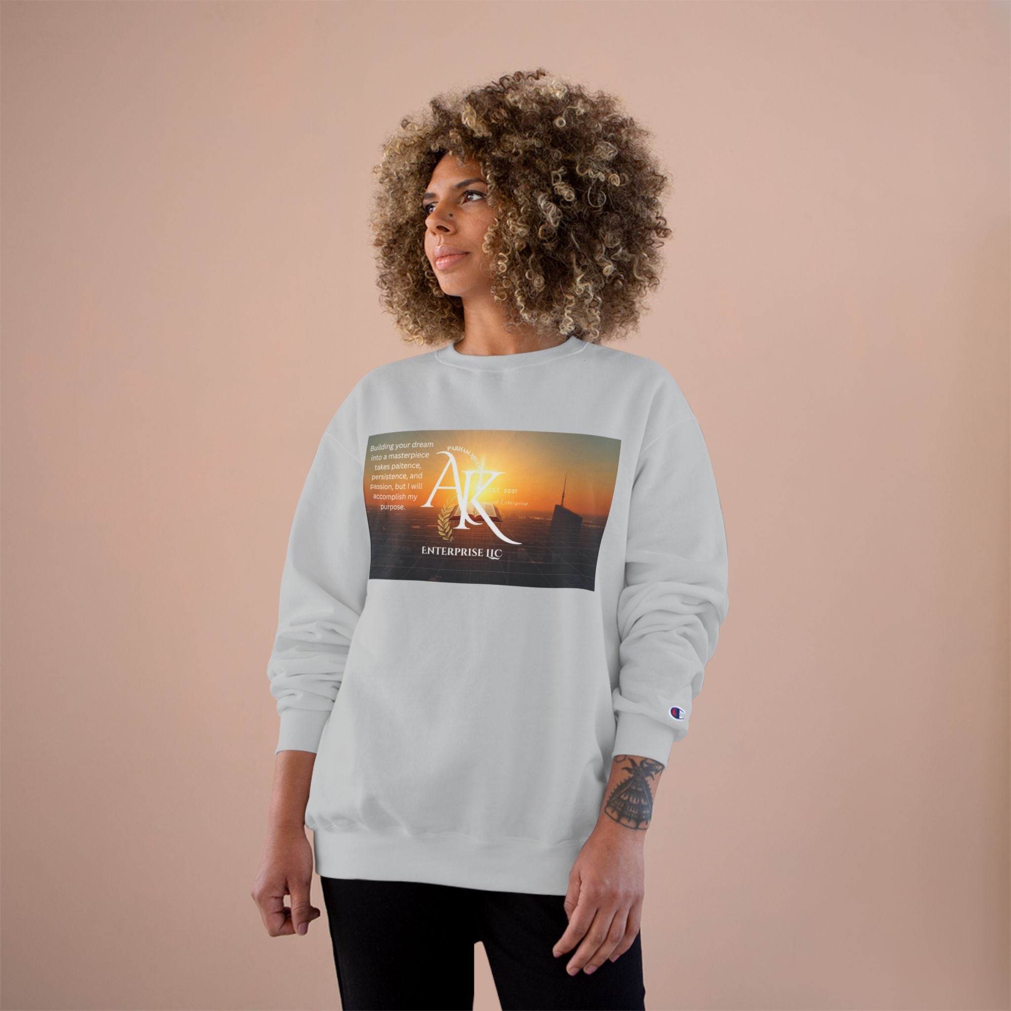 Champion Sweatshirt — 'AR' Sunrise Logo Crewneck (Motivational Cityscape)