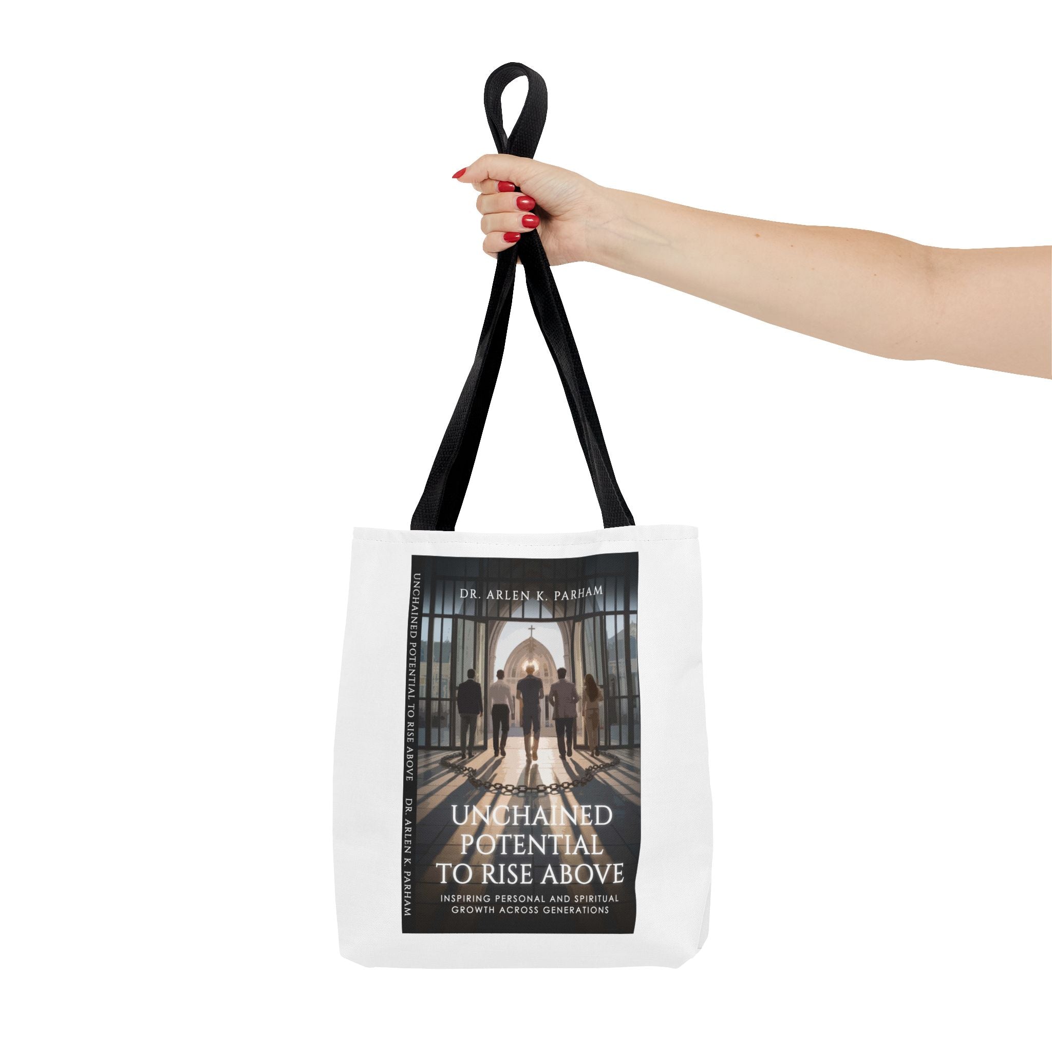 Inspirational Book Cover Tote Bag — "Unchained Potential to Rise Above" Design
