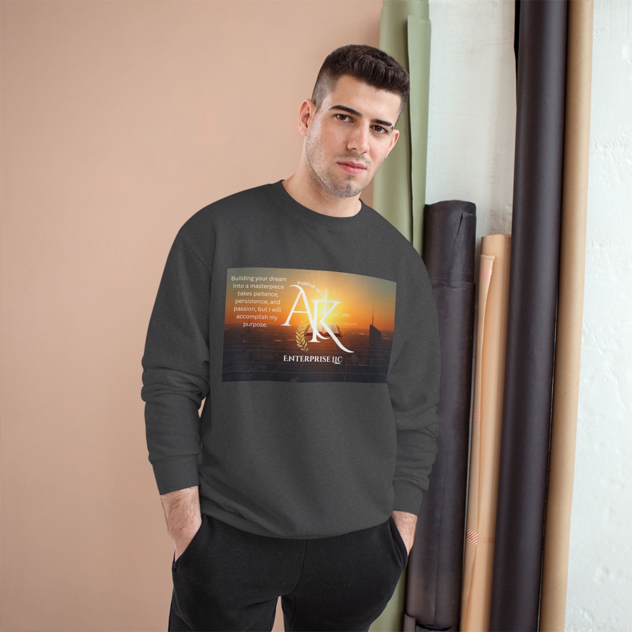 Champion Sweatshirt — 'AR' Sunrise Logo Crewneck (Motivational Cityscape)