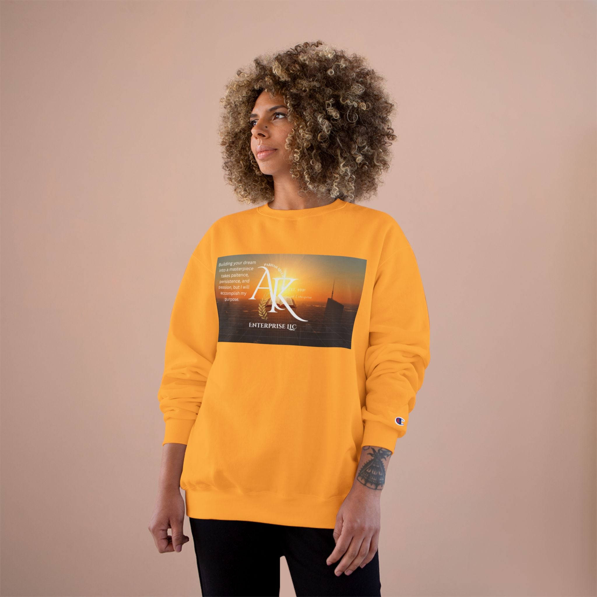Champion Sweatshirt — 'AR' Sunrise Logo Crewneck (Motivational Cityscape)