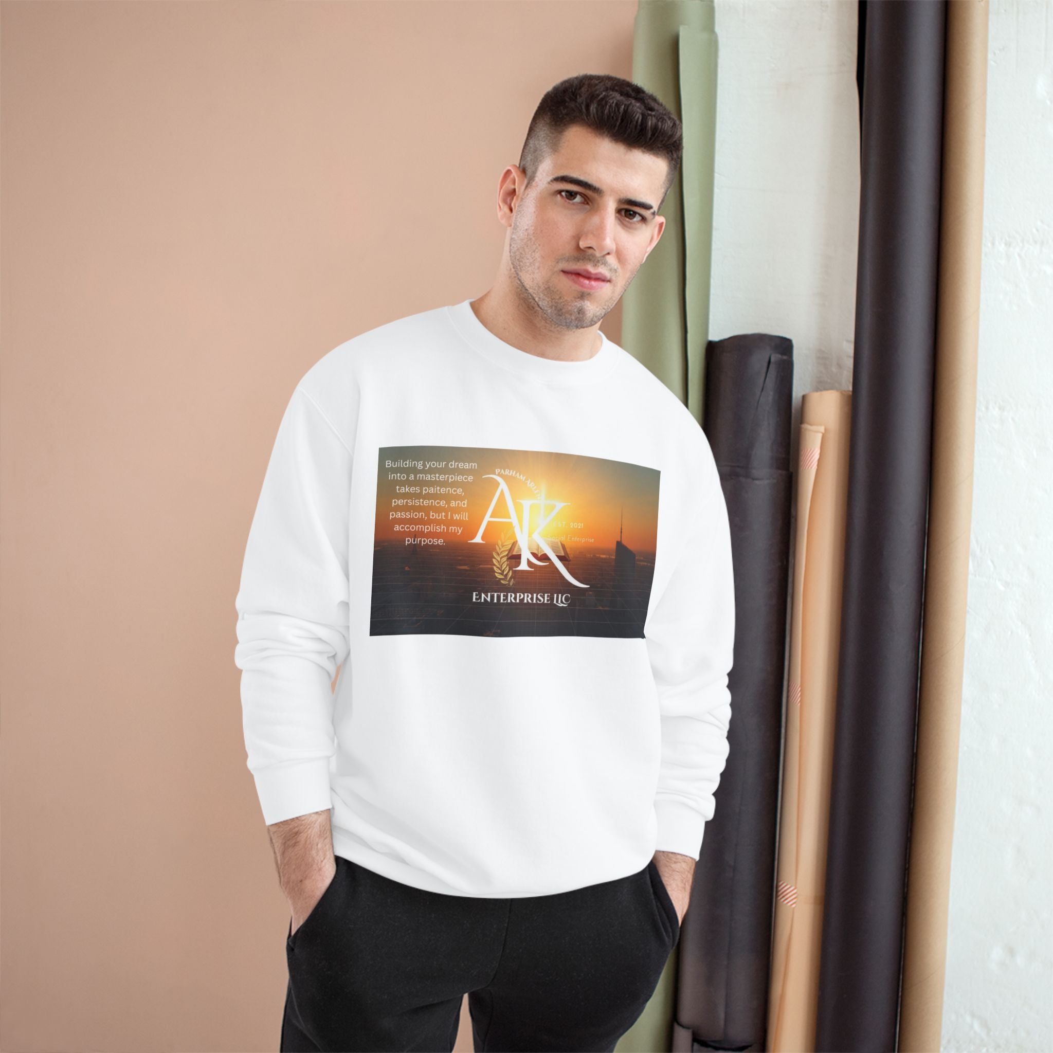 Champion Sweatshirt — 'AR' Sunrise Logo Crewneck (Motivational Cityscape)