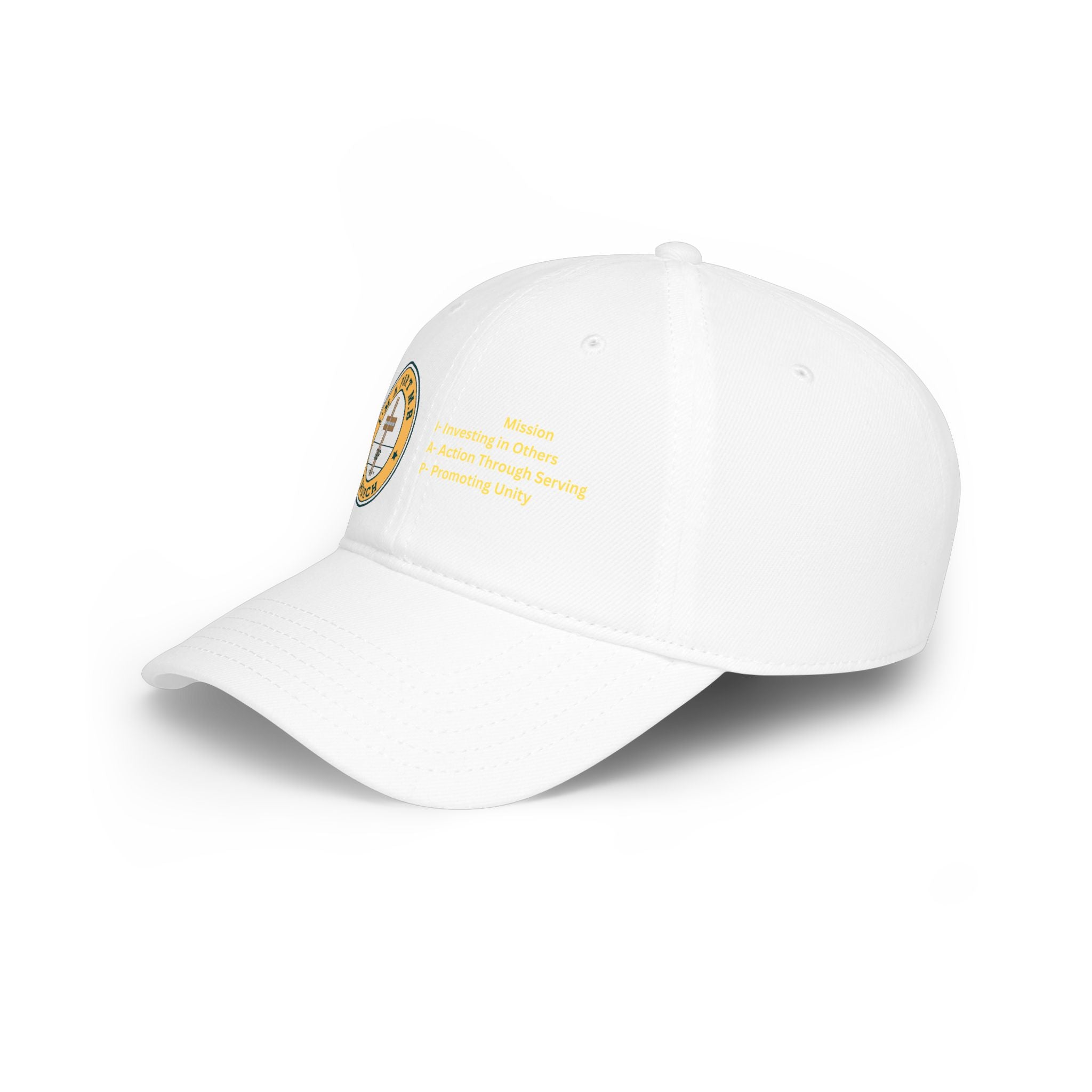 Church Mission Low Profile Baseball Cap — 'Mission: Investing in Others, Action Through Serving, Promoting Unity'