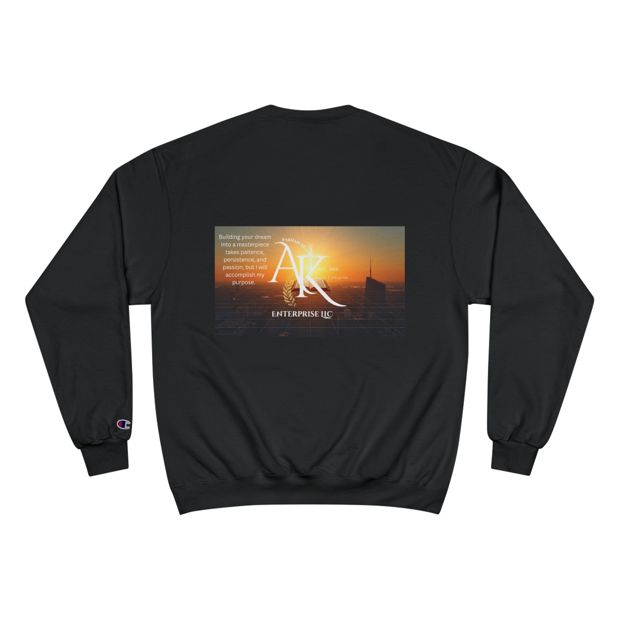 Champion Sweatshirt — 'AR' Sunrise Logo Crewneck (Motivational Cityscape)