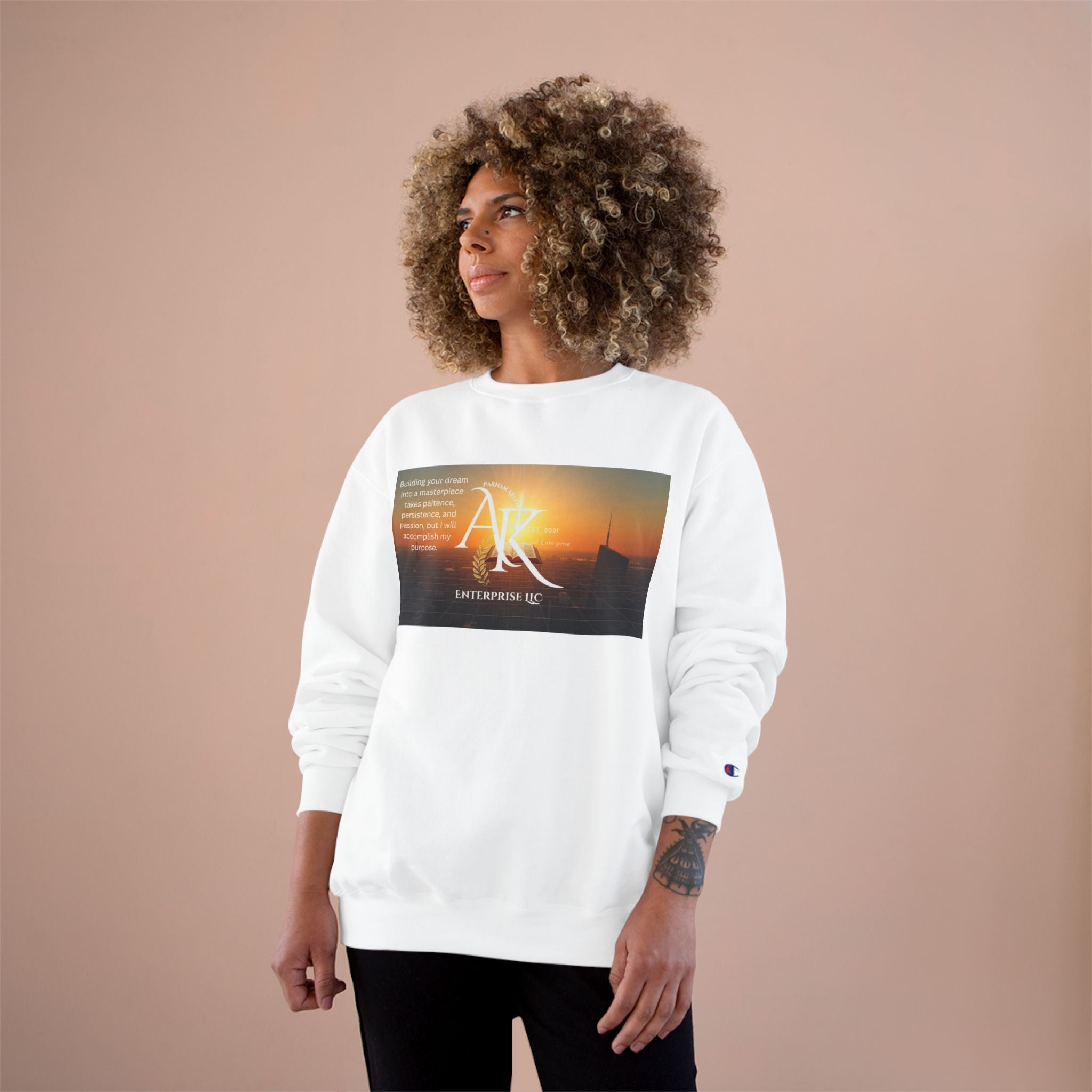 Champion Sweatshirt — 'AR' Sunrise Logo Crewneck (Motivational Cityscape)