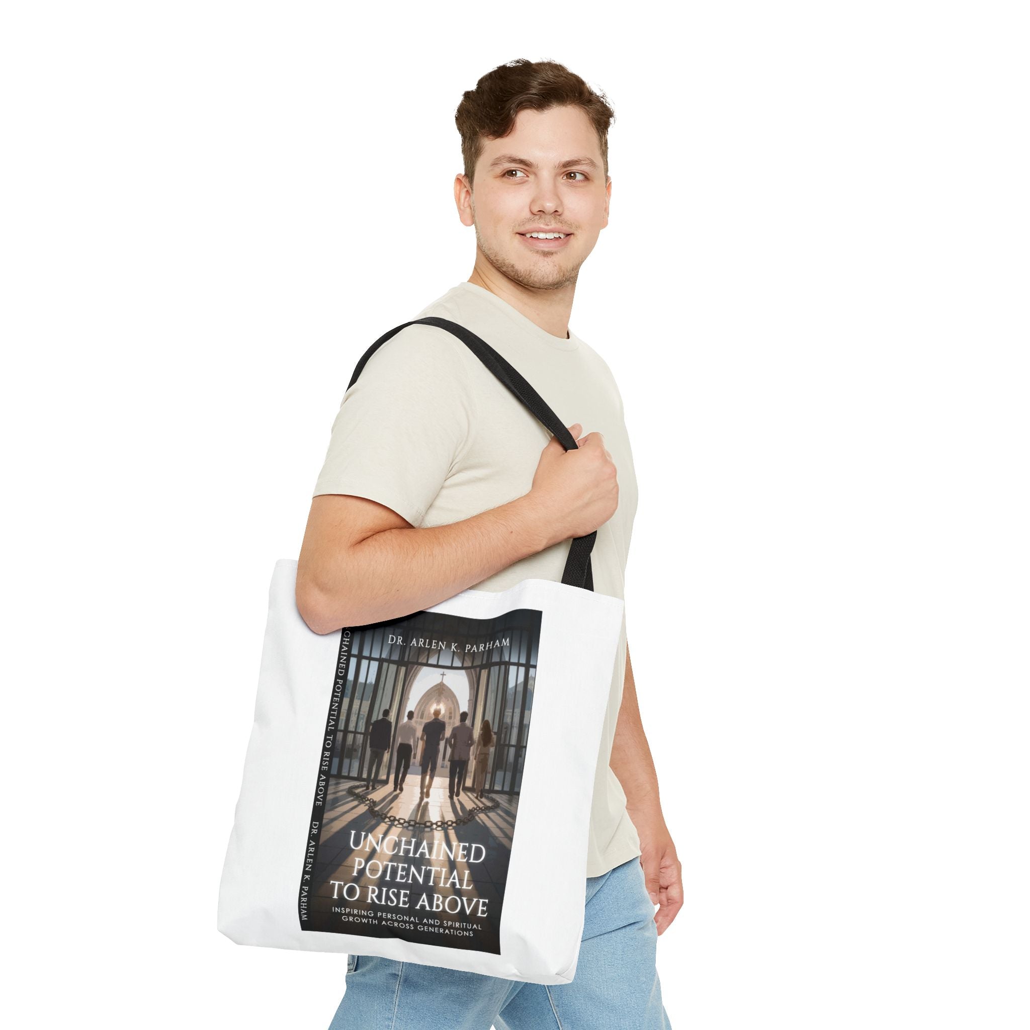 Inspirational Book Cover Tote Bag — "Unchained Potential to Rise Above" Design