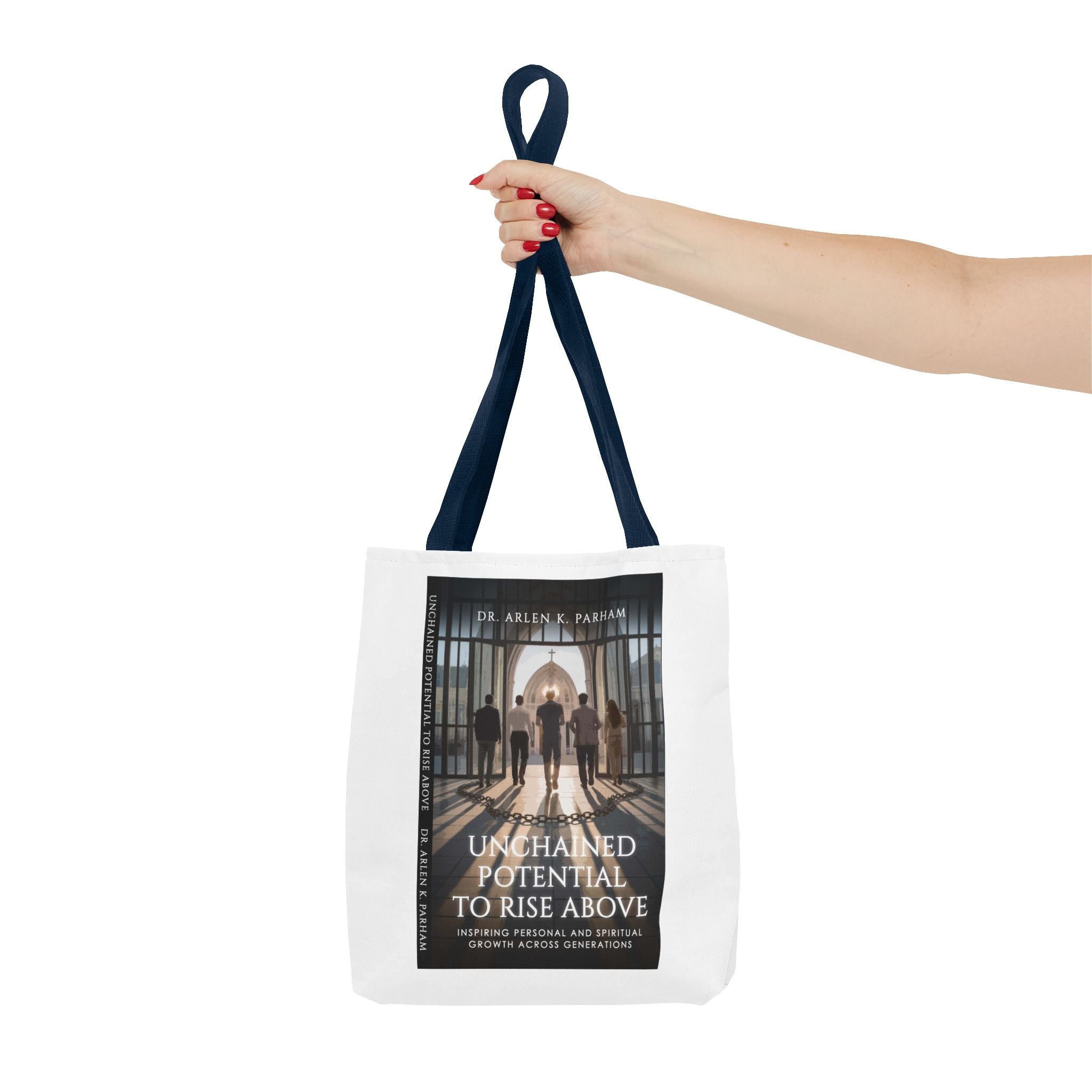 Inspirational Book Cover Tote Bag — "Unchained Potential to Rise Above" Design