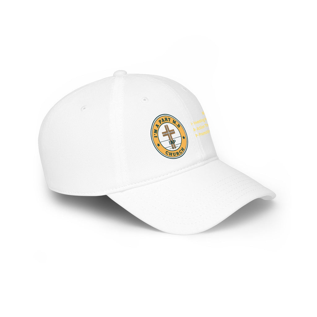 Church Mission Low Profile Baseball Cap — 'Mission: Investing in Others, Action Through Serving, Promoting Unity'