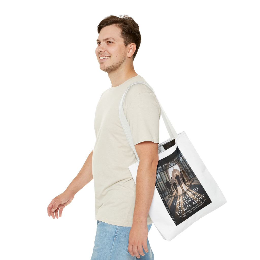 Inspirational Book Cover Tote Bag — "Unchained Potential to Rise Above" Design