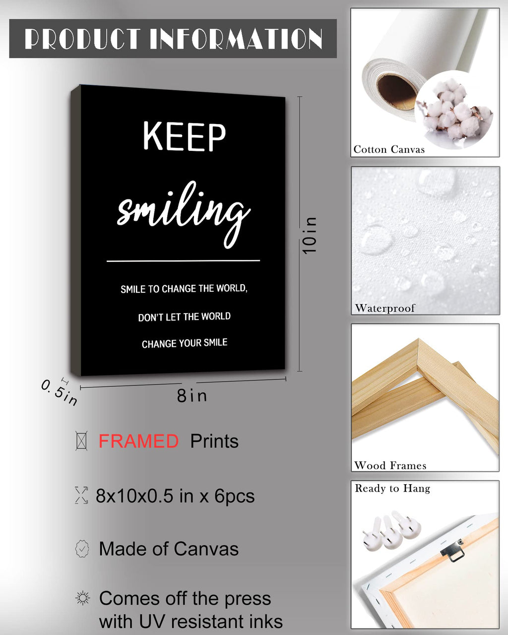 Drsoum Inspirational Office Wall Art - Motivational Quotes for Living Room - Encouraging Canvas Posters for Bedroom - Sayings for Wall Decor - 8” x10” x6 PCS (FRAMED)
