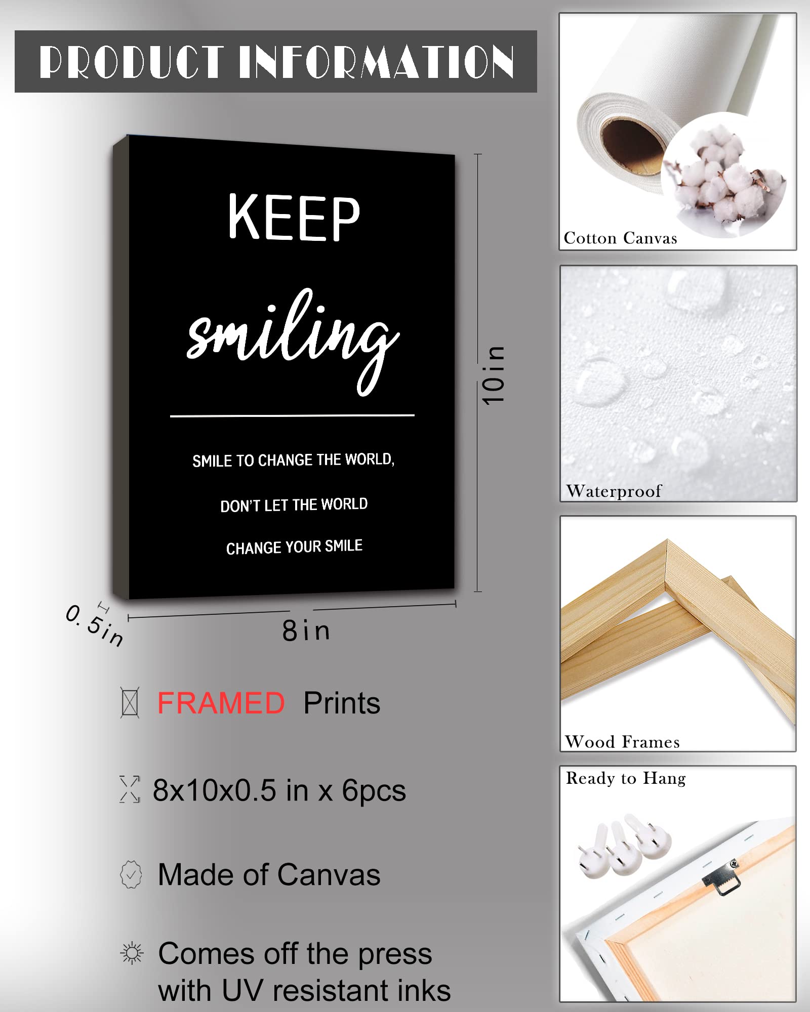 Drsoum Inspirational Office Wall Art - Motivational Quotes for Living Room - Encouraging Canvas Posters for Bedroom - Sayings for Wall Decor - 8” x10” x6 PCS (FRAMED)