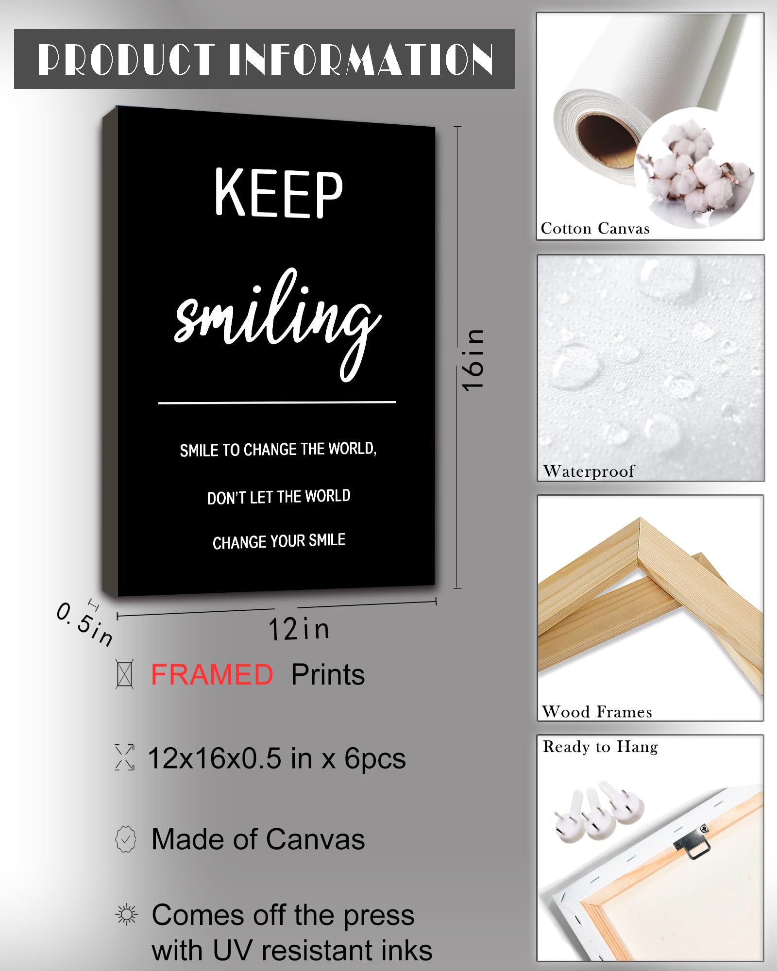 Drsoum Inspirational Office Wall Art - Motivational Quotes for Living Room - Encouraging Canvas Posters for Bedroom - Sayings for Wall Decor - 8” x10” x6 PCS (FRAMED)