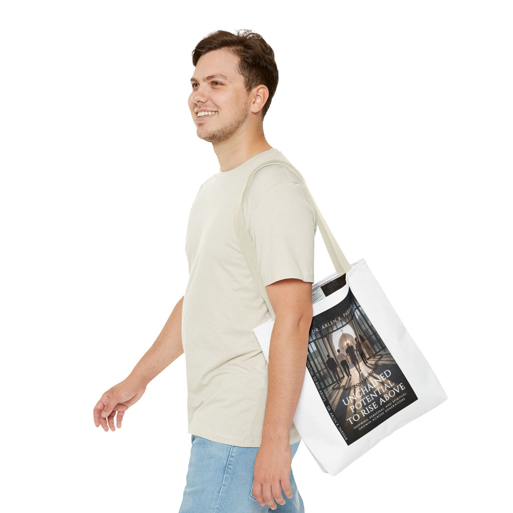 Inspirational Book Cover Tote Bag — "Unchained Potential to Rise Above" Design