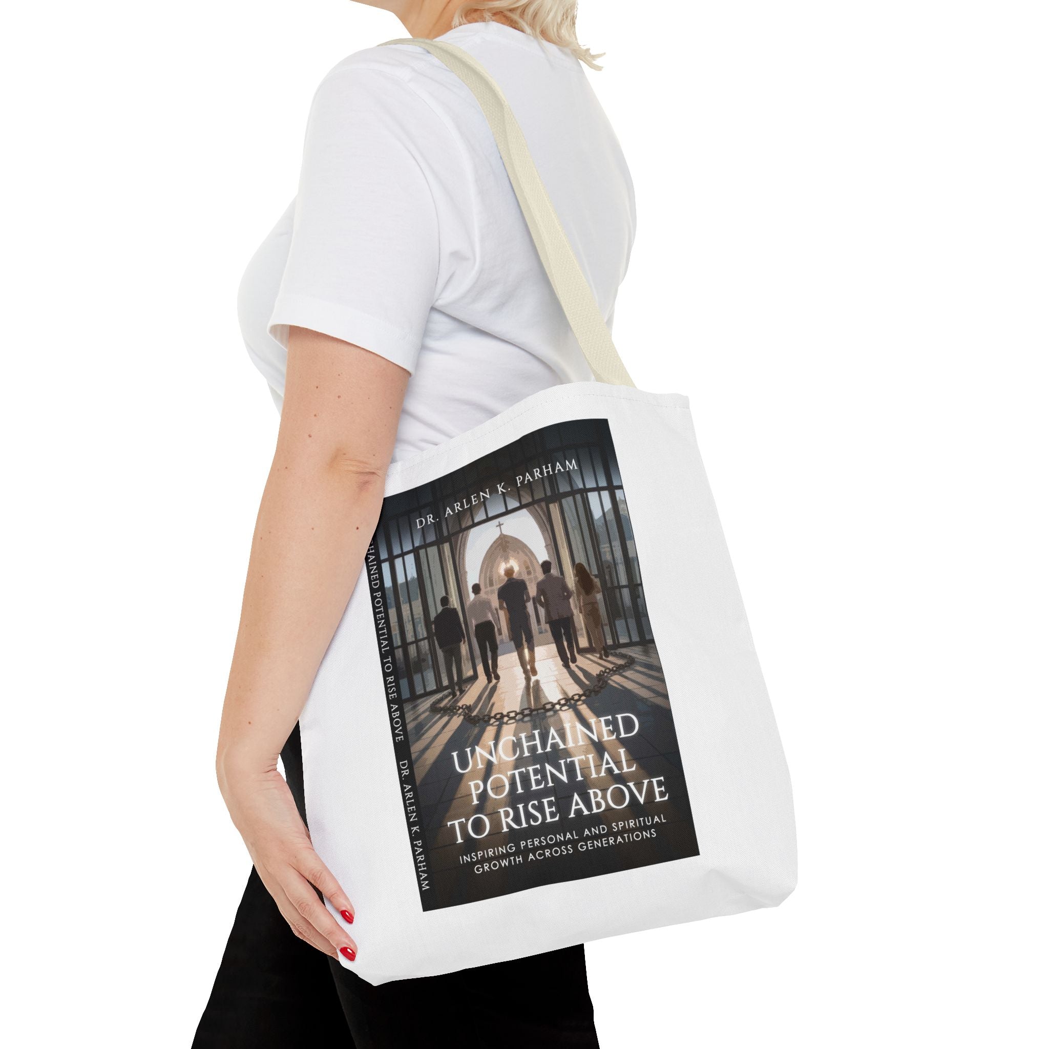 Inspirational Book Cover Tote Bag — "Unchained Potential to Rise Above" Design