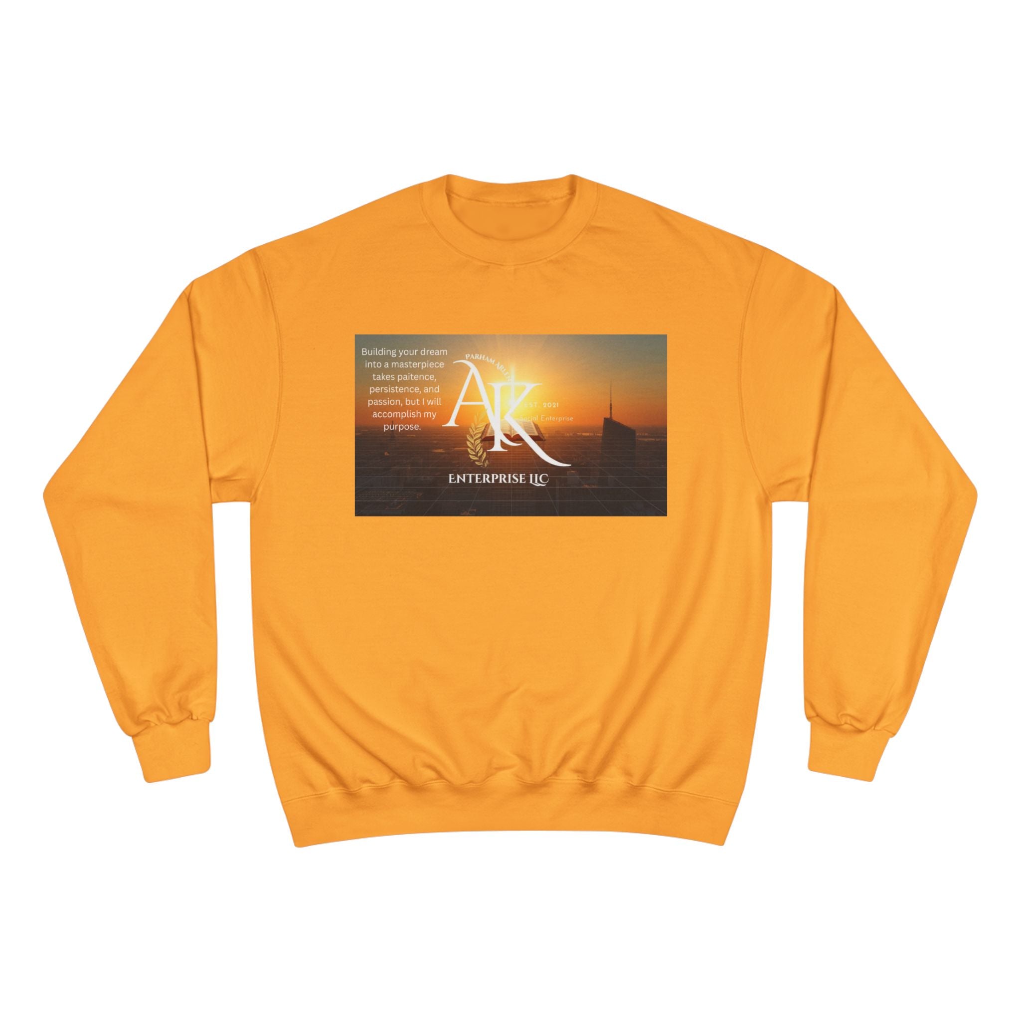 Champion Sweatshirt — 'AR' Sunrise Logo Crewneck (Motivational Cityscape)