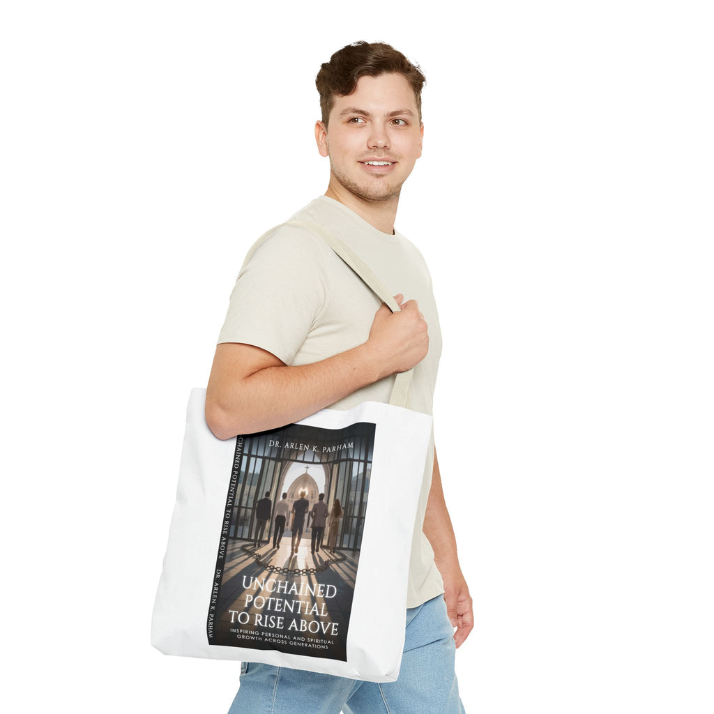 Inspirational Book Cover Tote Bag — "Unchained Potential to Rise Above" Design