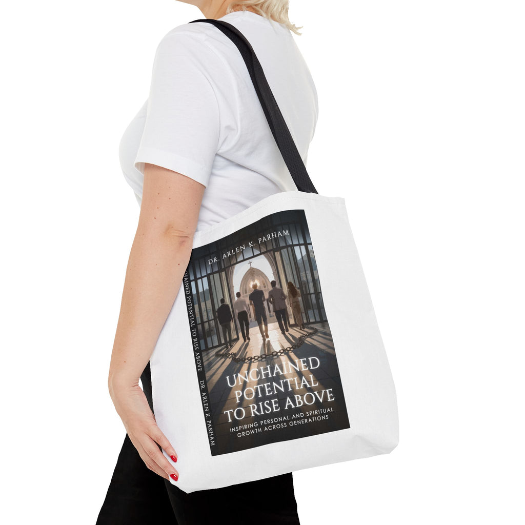 Inspirational Book Cover Tote Bag — "Unchained Potential to Rise Above" Design