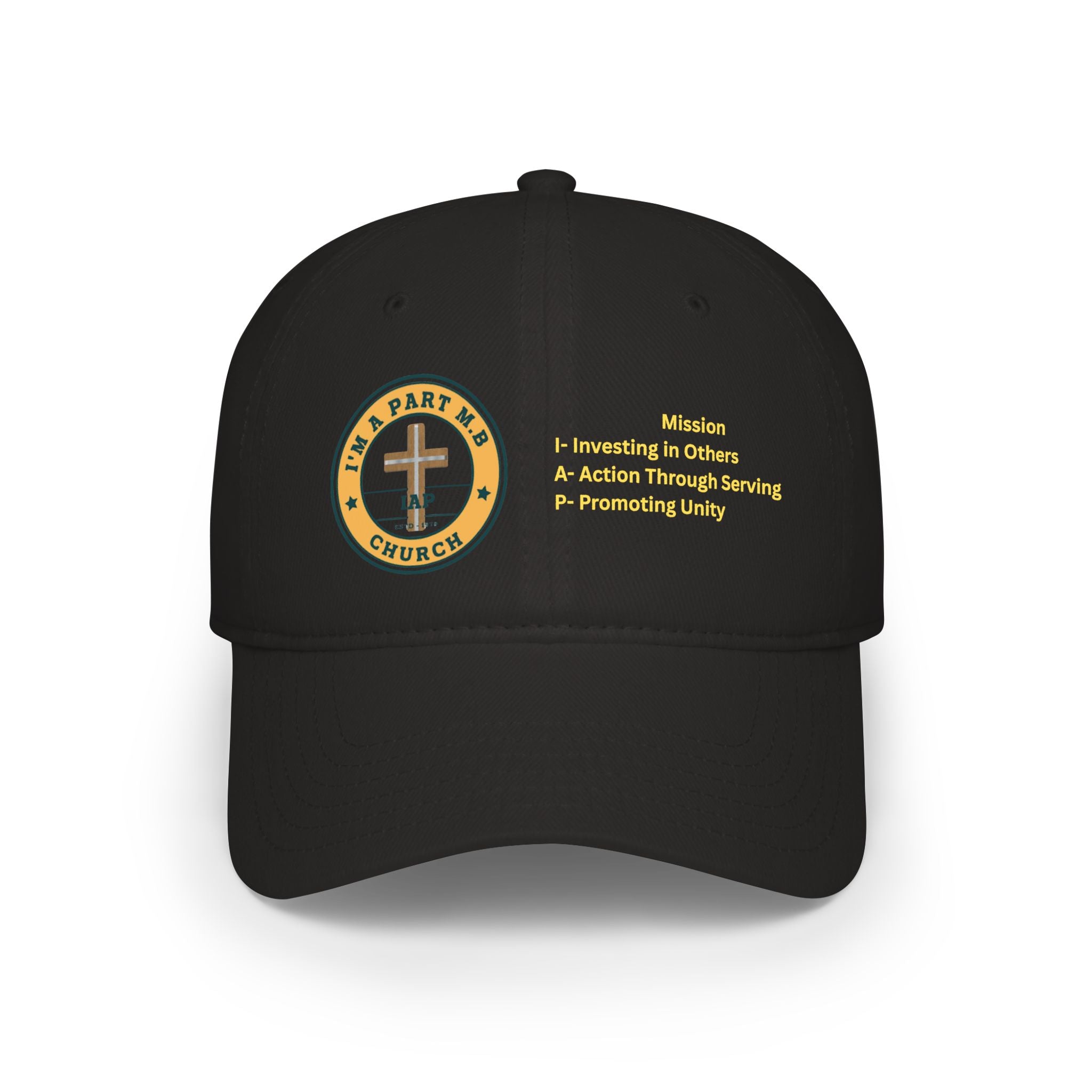 Church Mission Low Profile Baseball Cap — 'Mission: Investing in Others, Action Through Serving, Promoting Unity'